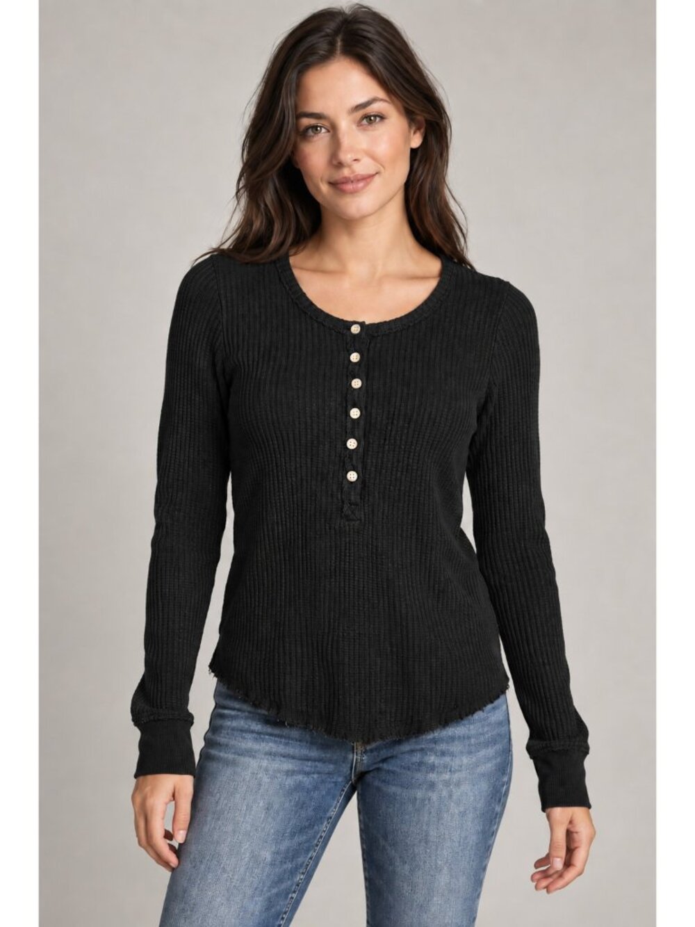 Faherty Henley Top Small Black Waffle Knit Long Sleeve Pima Cotton Modal Raw Hem